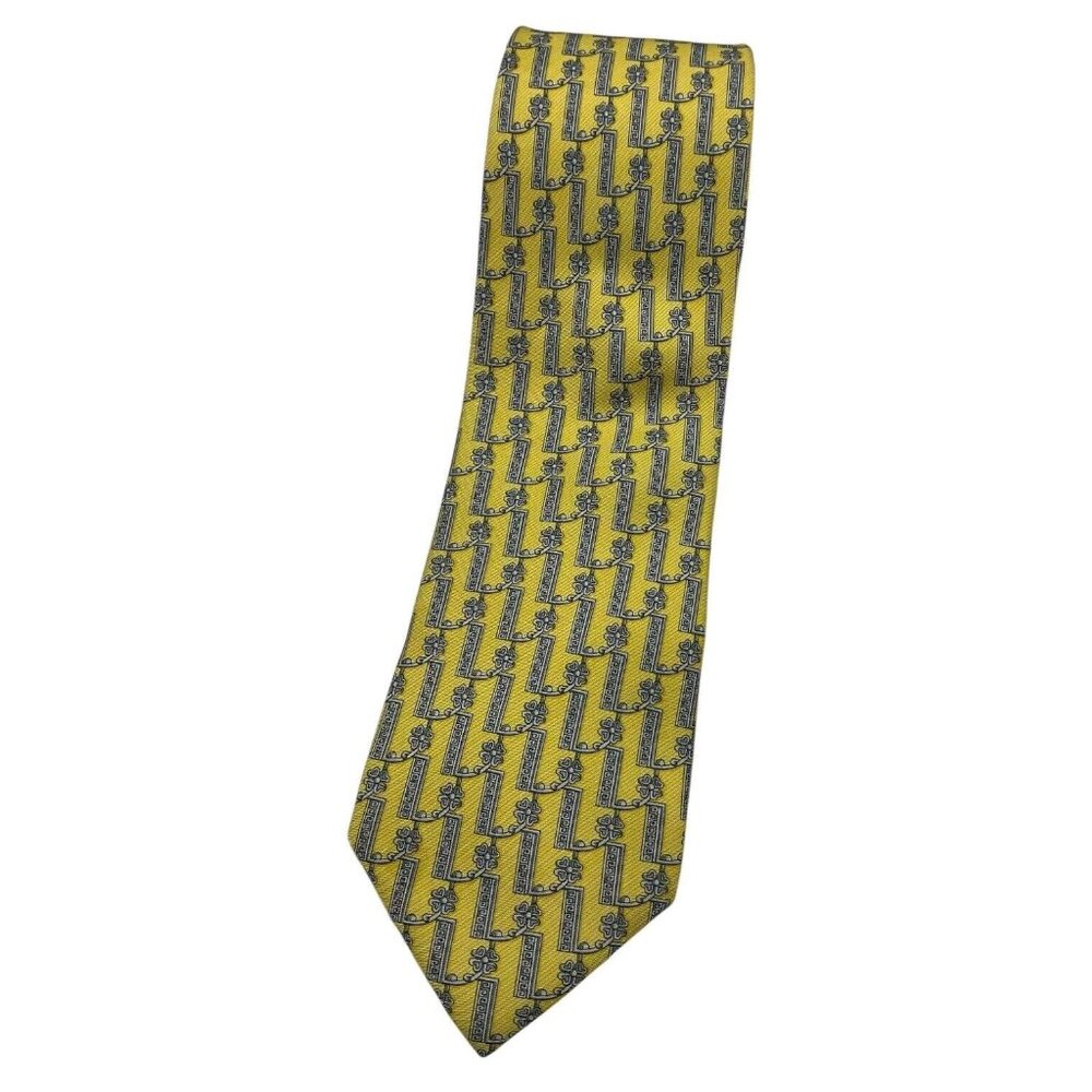 GIANNI VERSACE Silk Tie LUXURY Yellow Gray Geometric Monogram Logo W:3.6" EUC